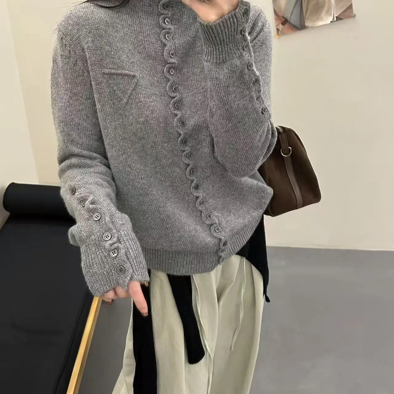 【T—5522】秋冬韩版半高领19扣设计感针织开衫女百搭外穿