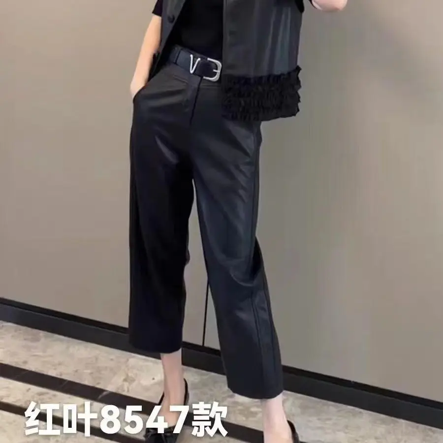 8547早高腰显瘦百搭黑色直筒皮裤