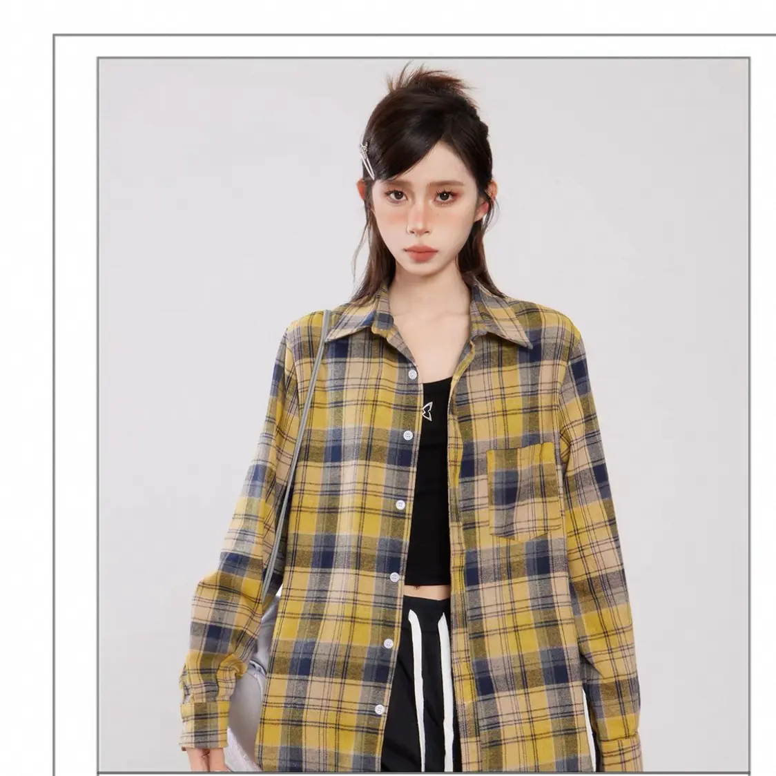 【复古港风】黄格子磨毛衬衫！简约感长袖翻领常规外搭女秋季