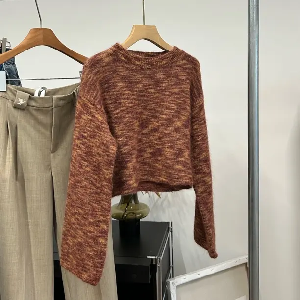 女复古慵懒风套头长袖针织圆领毛衣时尚百搭打底衫