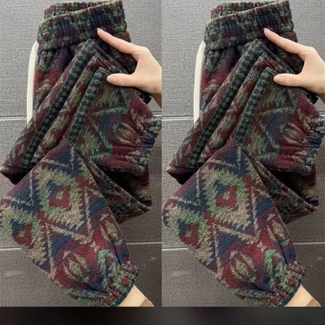 秋冬爆款民族风加厚高腰提花慵懒风宽松束脚针织休闲裤