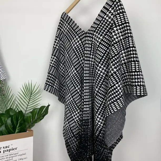 复古千鸟格连帽斗篷毛呢外套女秋冬气质高级感慵懒风宽松上衣