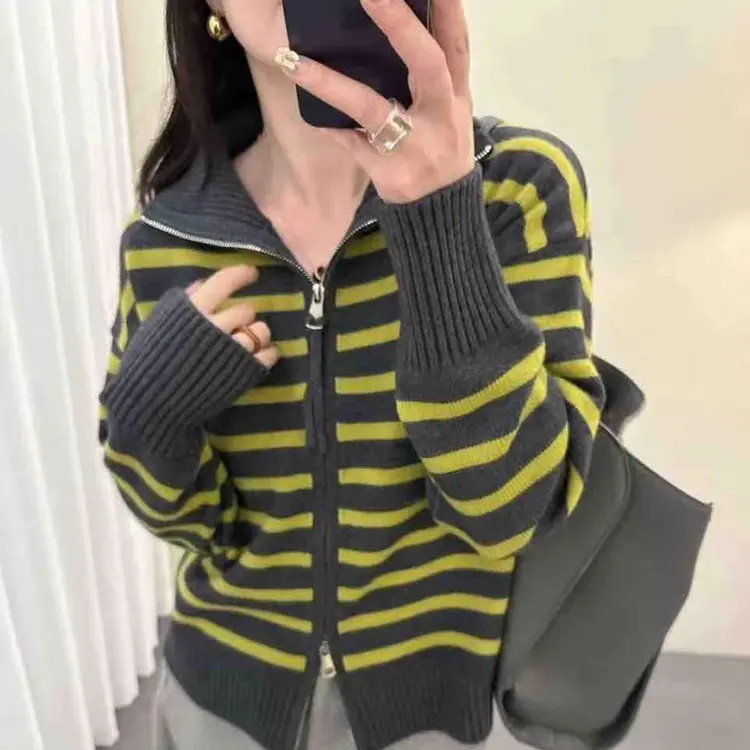 条纹立领双拉链针织开衫女秋冬宽松慵懒韩版时尚毛衣外套上衣