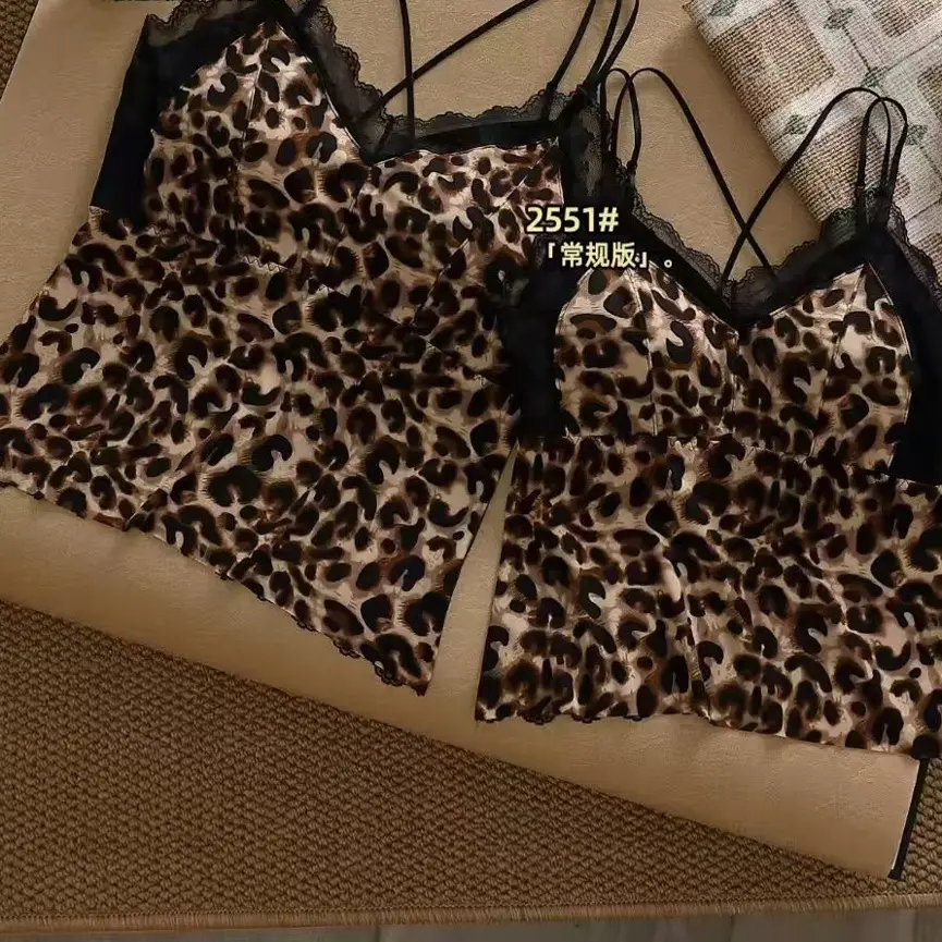 复古蝴蝶美背豹纹蕾丝拼接性感磨毛一体杯