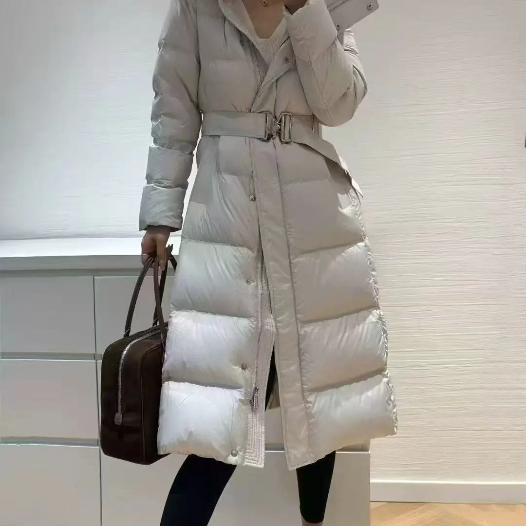 冬季中长款连帽白鸭绒加厚保暖收腰显瘦系带女士