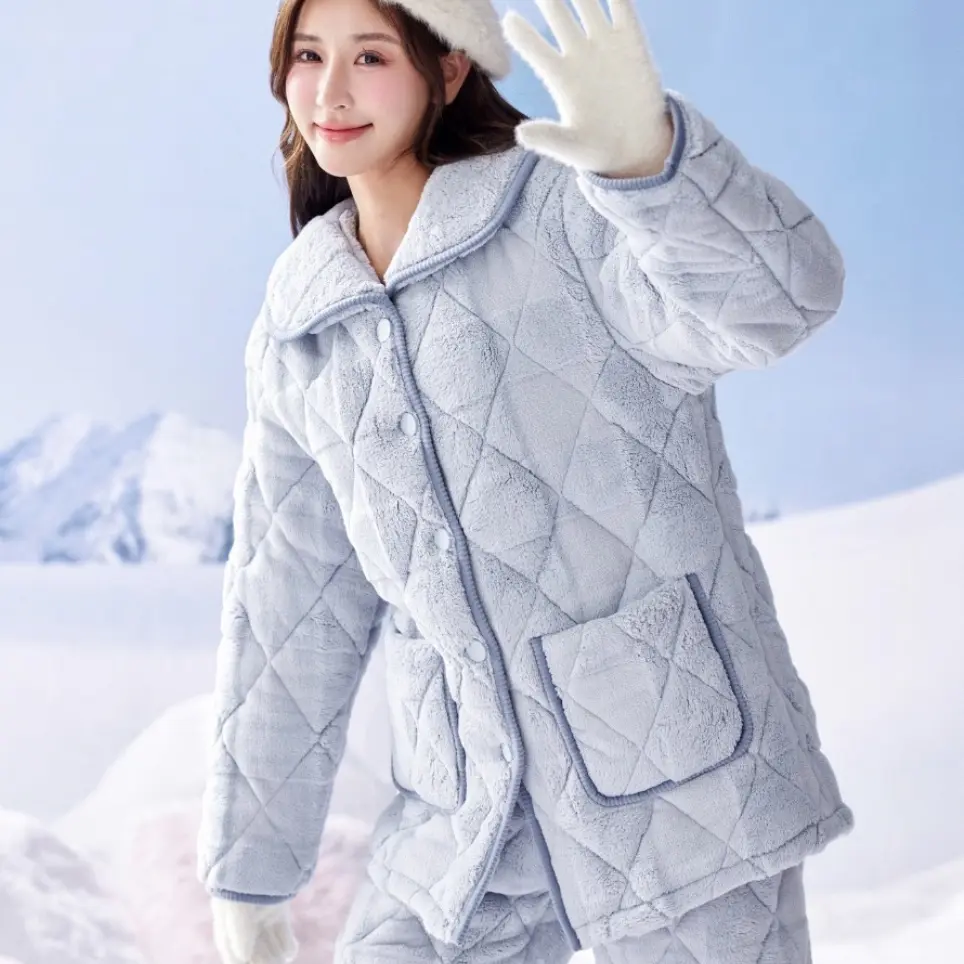 女士三层夹棉加厚慕斯羊绒绒抗寒保暖睡衣套装