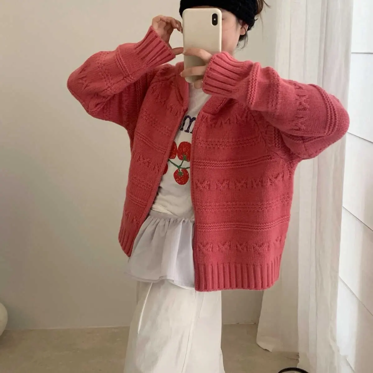 韩系立体麻花双拉链连帽针织开衫秋冬宽松百搭毛衣外套
