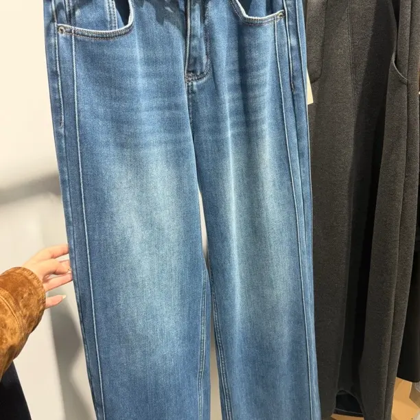 四面弹冬季加绒高腰牛仔裤韩版宽松直筒裤复古百搭显瘦