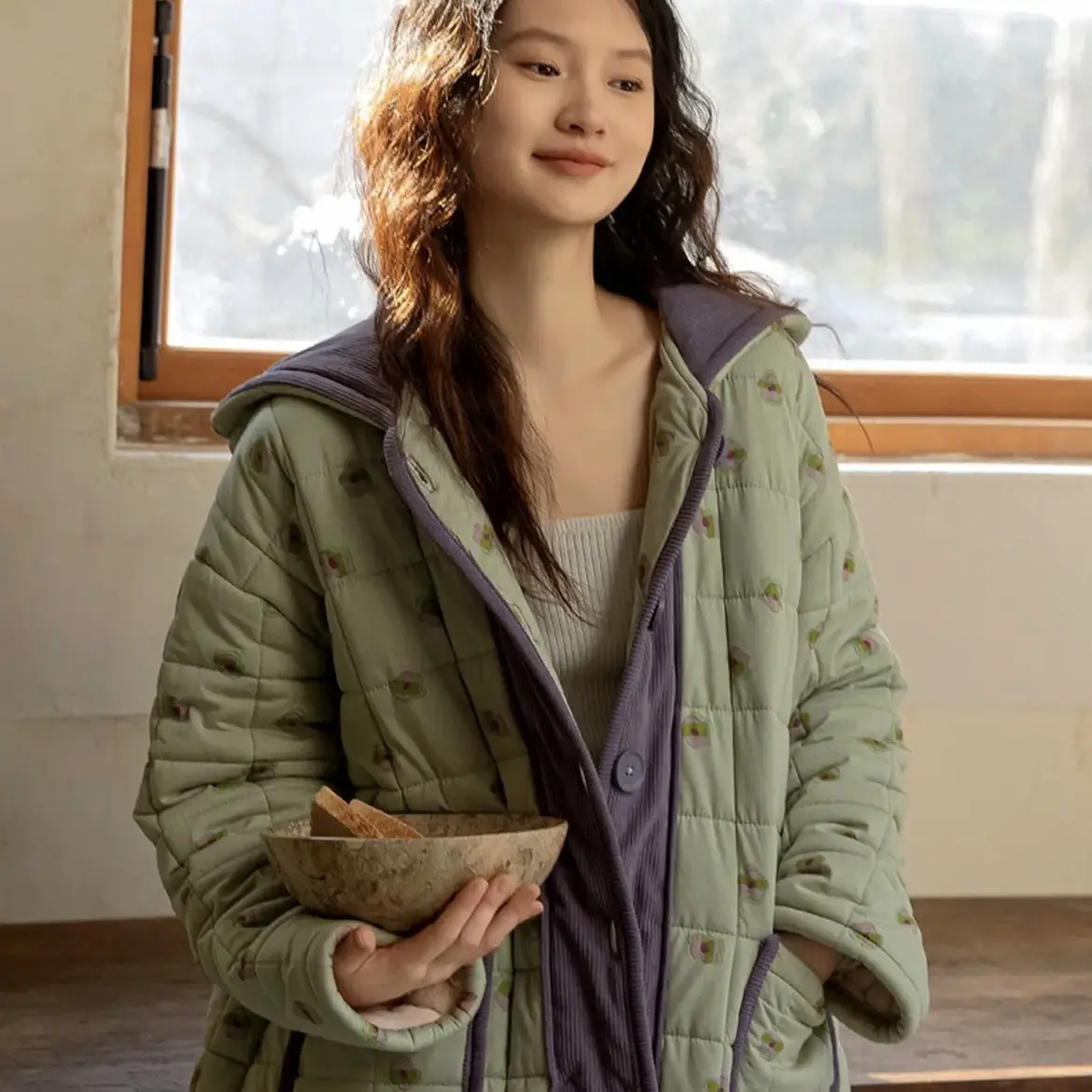 族玛士秋冬季三层加厚连帽保暖夹棉绿色女士碎花加绒睡衣家居服