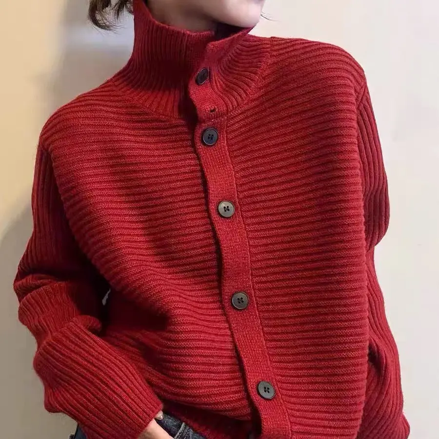 【HANLI】复古立领拼接针织开衫毛衣秋冬百搭显瘦慵懒风上衣8868176