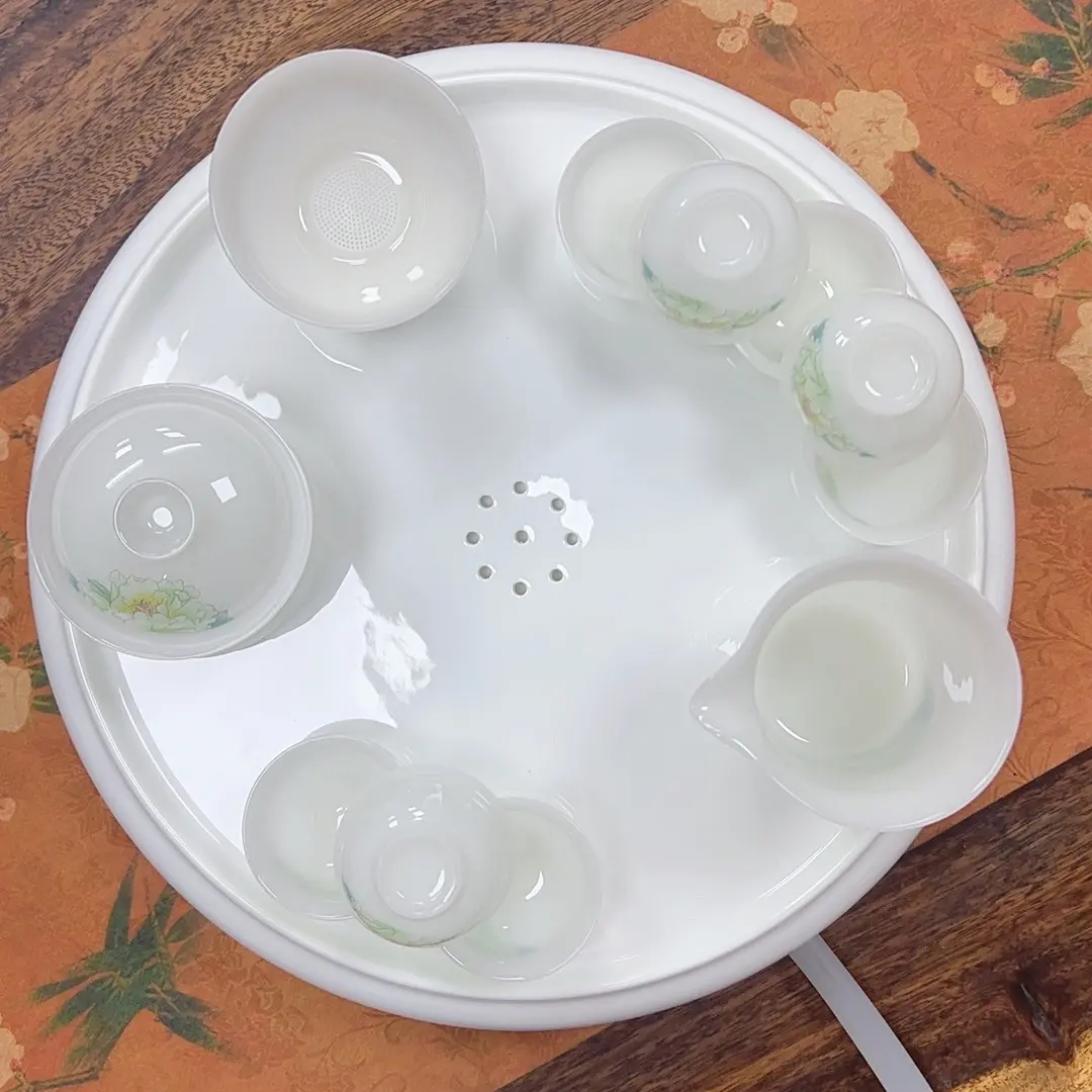 13寸骨瓷纯白排水式茶盘璞玉花开富贵茶具（非礼盒装）