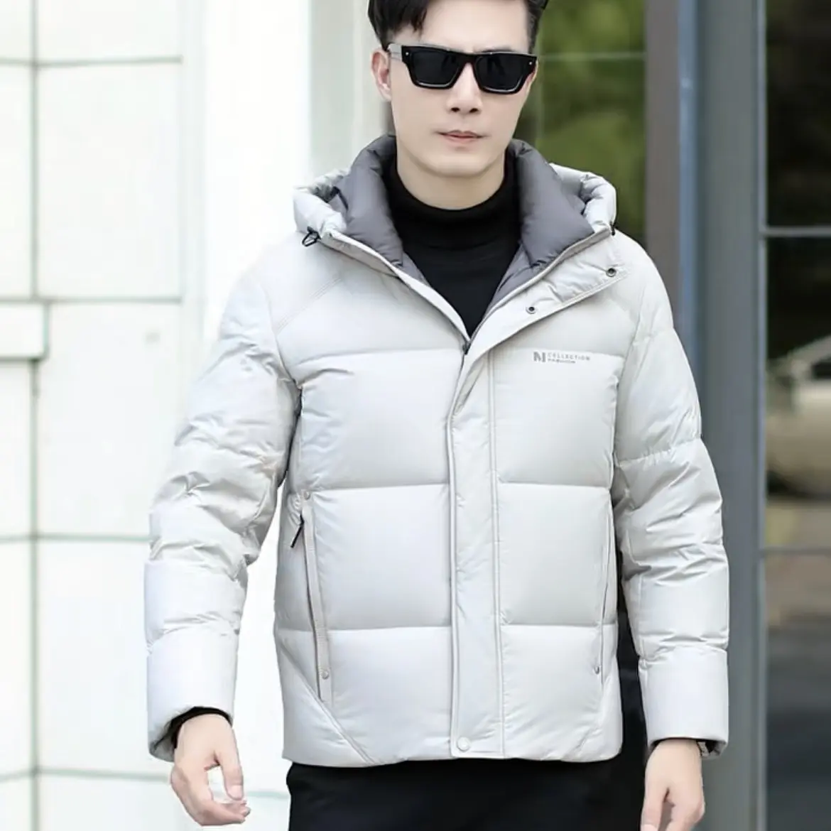 男士冬季简约连帽鸭绒加厚保暖休闲外套