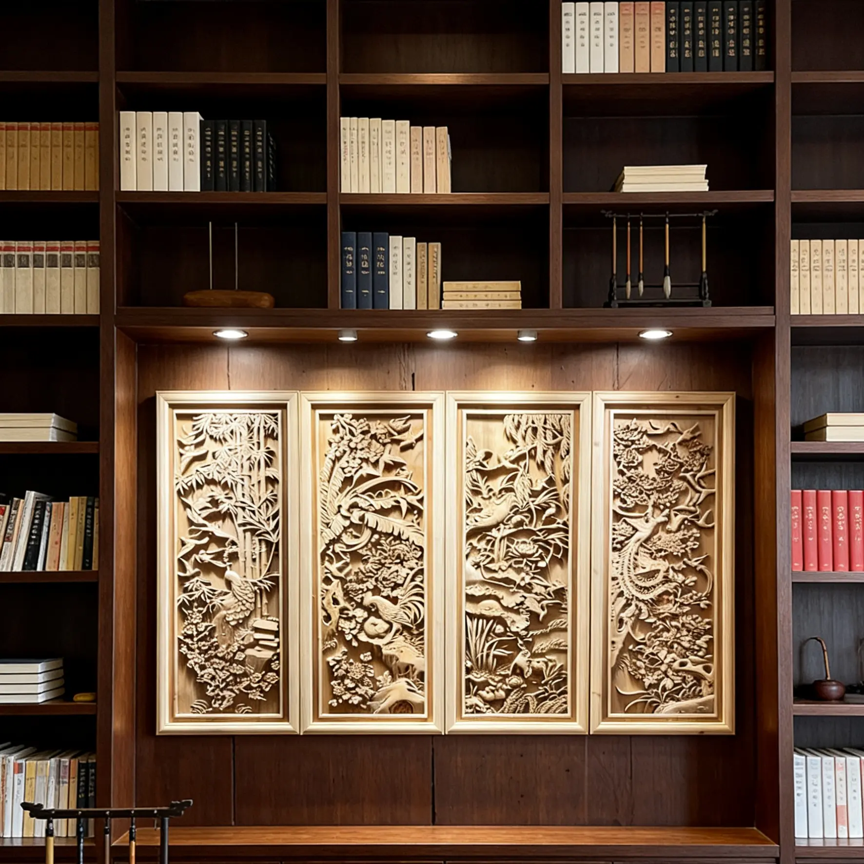 木雕工艺，四季花鸟挂屏，香樟木材质，尺寸高1米宽40厘米