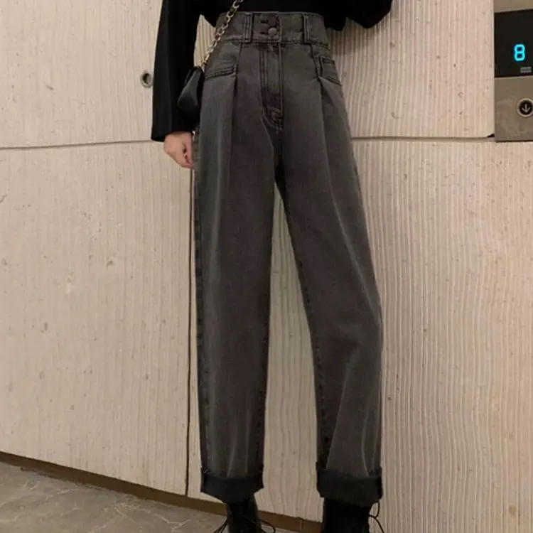 女士高腰显瘦百搭大码加绒加厚牛仔裤韩版学生宽松直筒哈伦老爹裤