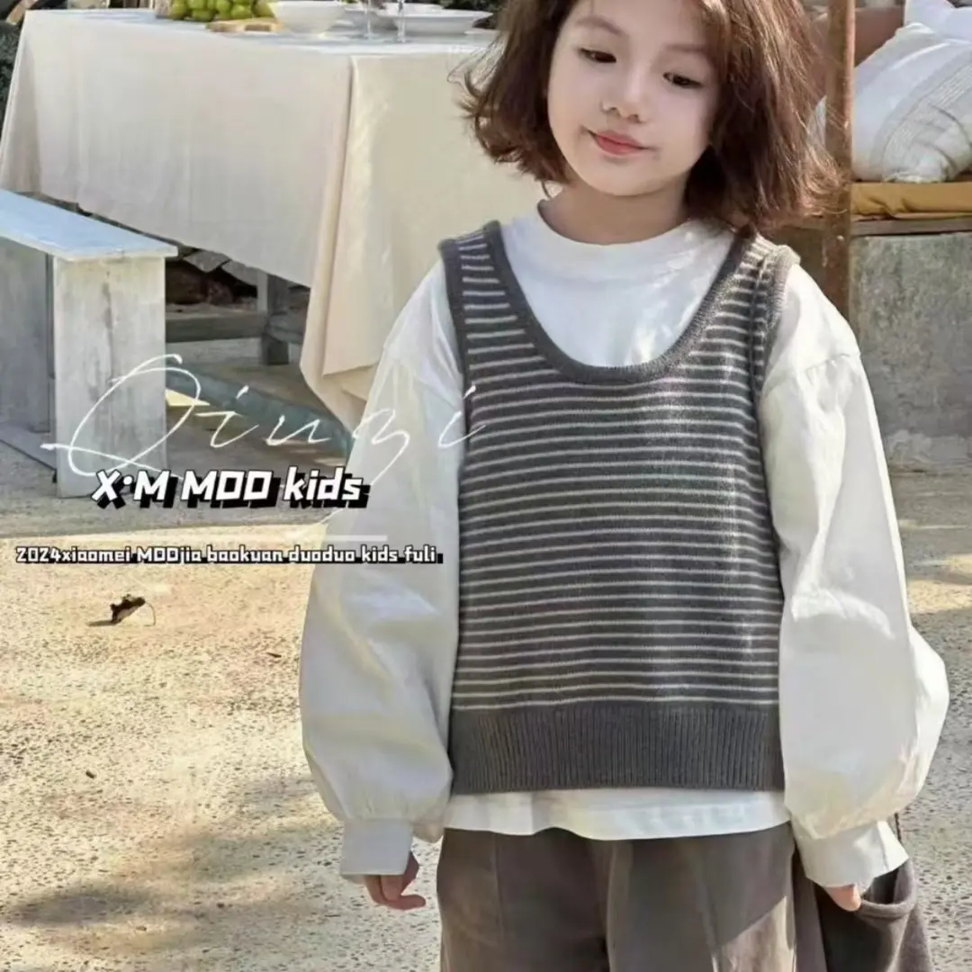 100%纯羊毛制品女童针织条纹马甲