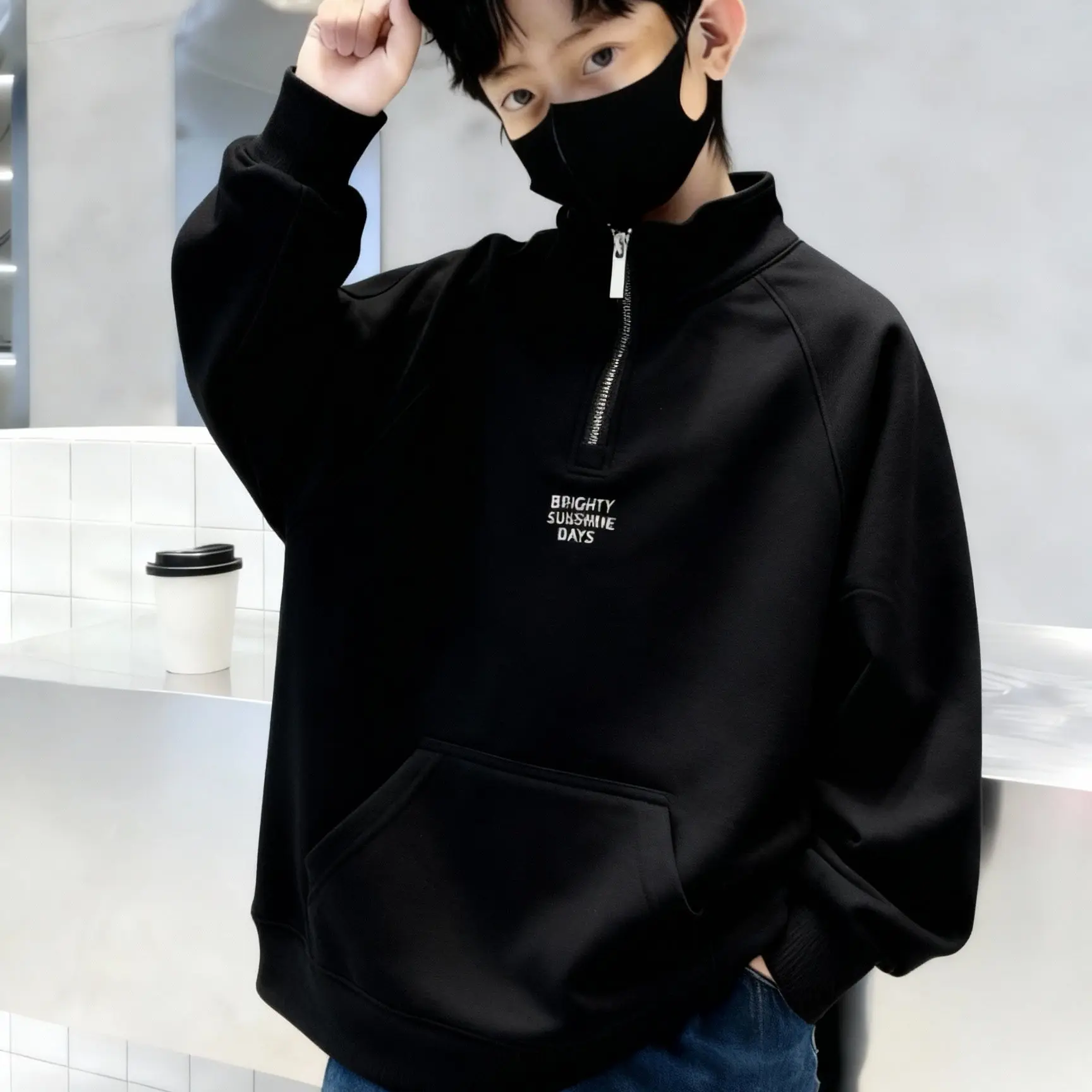 男童春秋卫衣2026新款洋气酷帅立领上衣套头中大儿童半拉链秋装潮