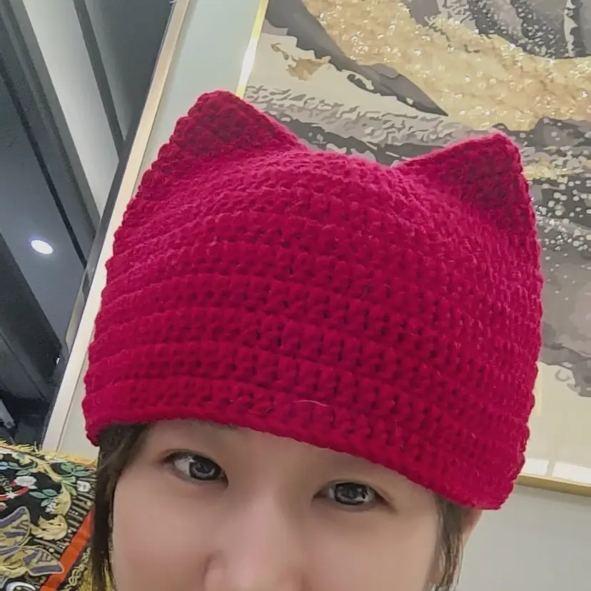 猫耳朵毛线手工钩针编织混纺女秋冬加厚保暖护耳百搭帽子