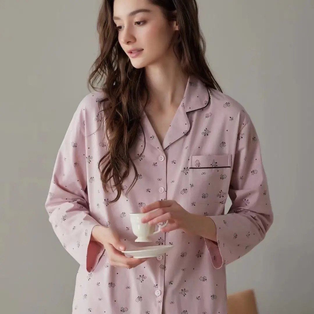 女士春秋长袖纯棉休闲可外穿甜美蝴蝶结睡衣套装
