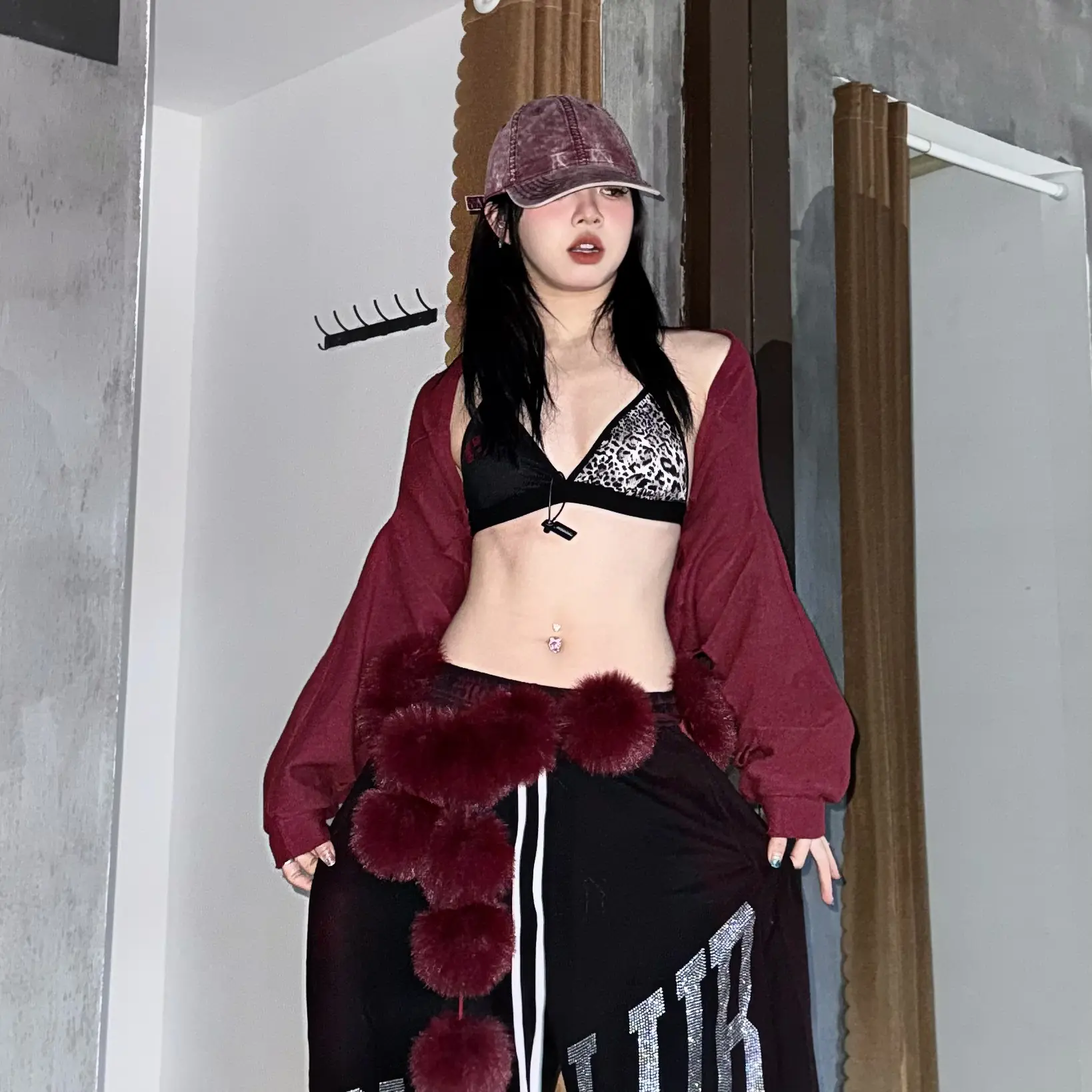 PANMIE25原创设计酒红色毛绒绒腰部配饰腰搭围巾腰搭两用