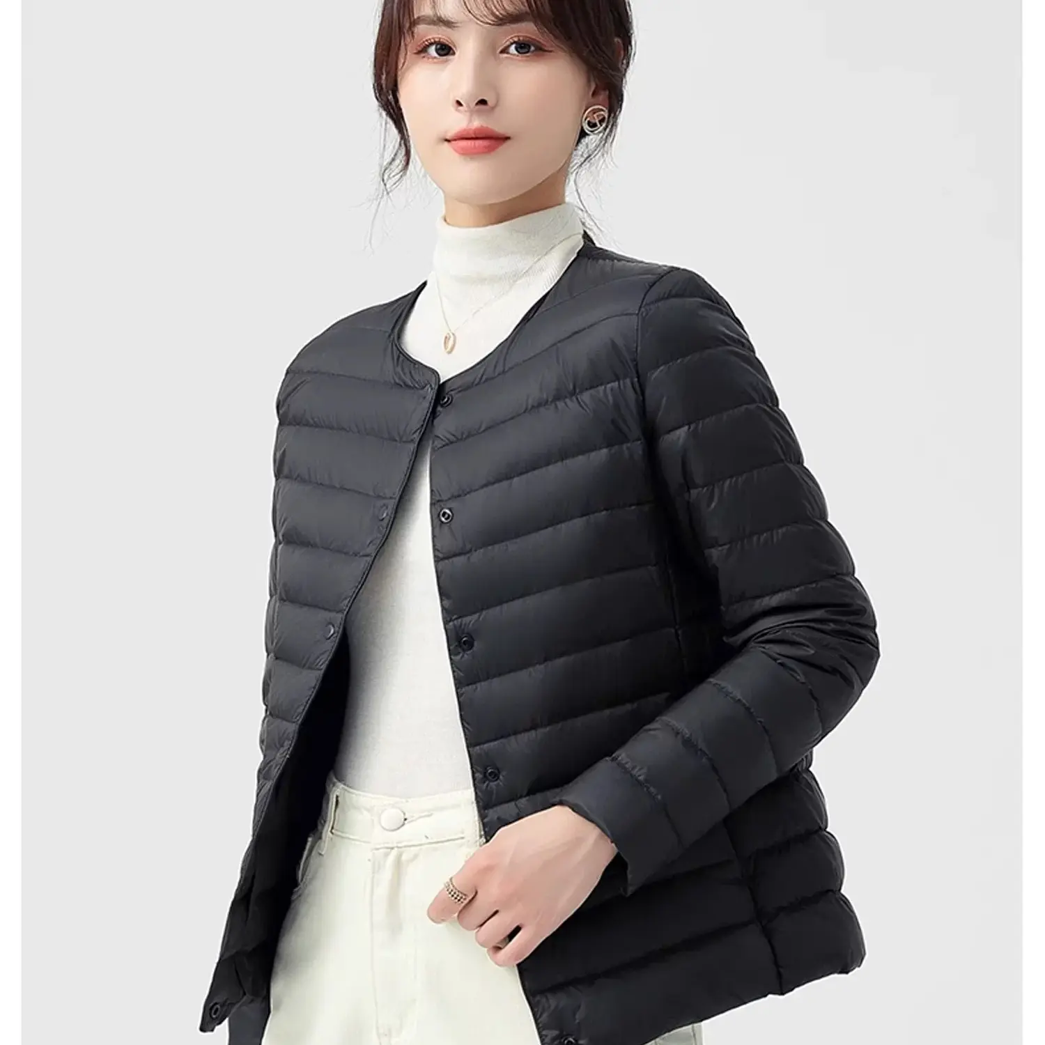 薄款暗扣长袖女休闲风圆领保暖修身简约轻薄