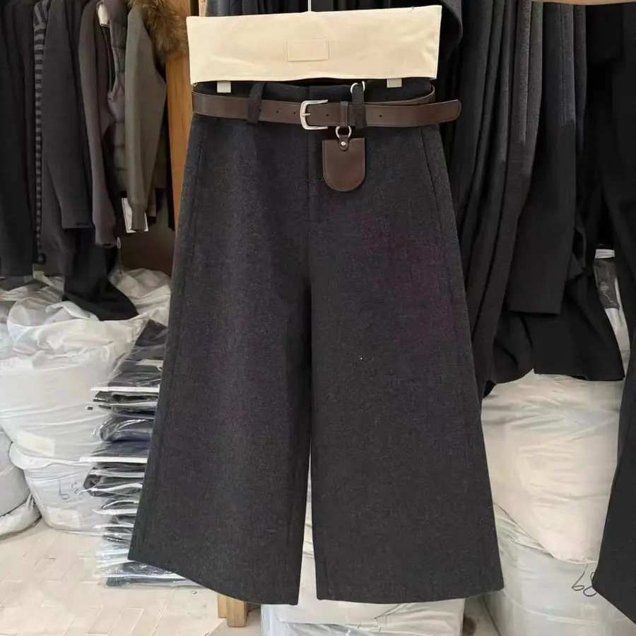 加厚加绒高腰显瘦呢阔腿八分休闲裤配腰带8897