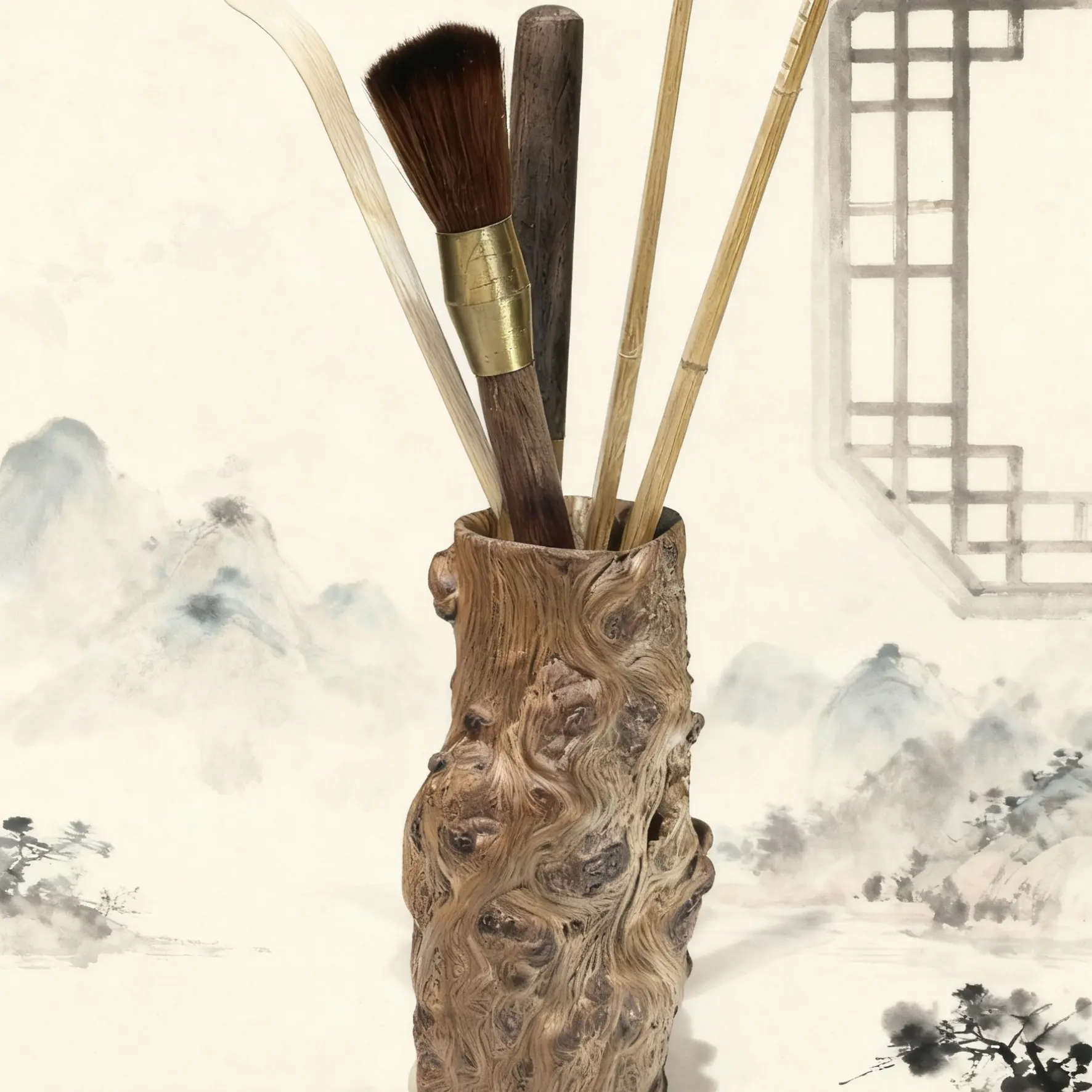 根雕茶道六君子，天然瘤疤半手工艺术风格型