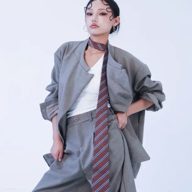 圆领中长款简约长袖宽松显瘦西装套装