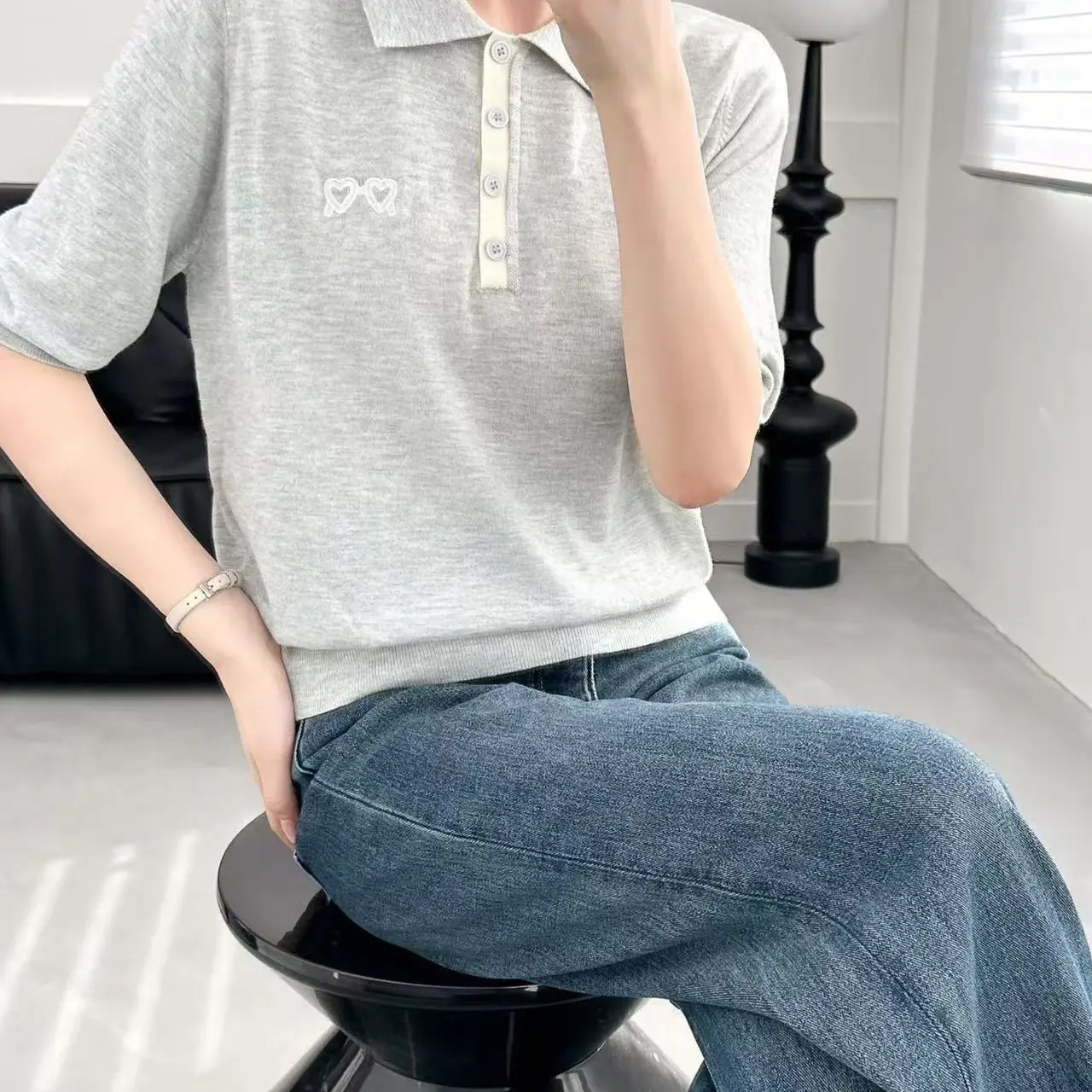 早春学院风刺绣微标短袖针织POLO衫减龄百搭上衣