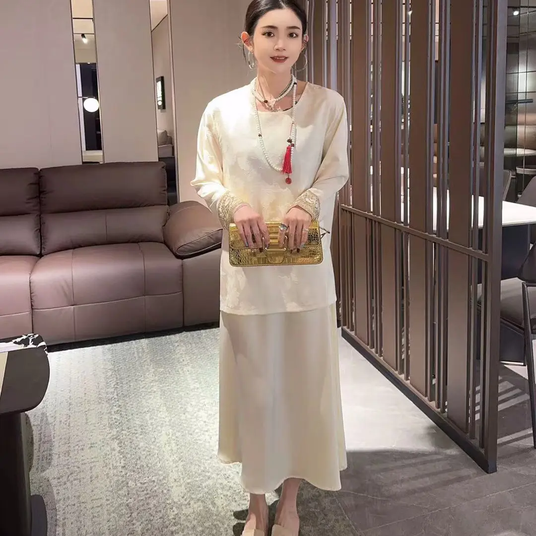 新中式长袖提花衬衫内搭女装上衣国风新年2026爆款百搭
