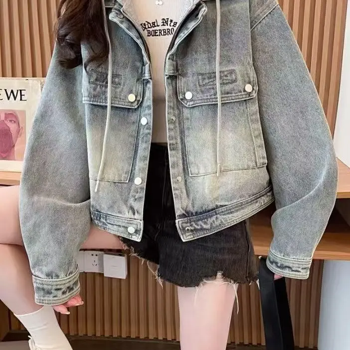 春秋款小个子休闲宽松连帽短款牛仔外套爆款洋气减龄