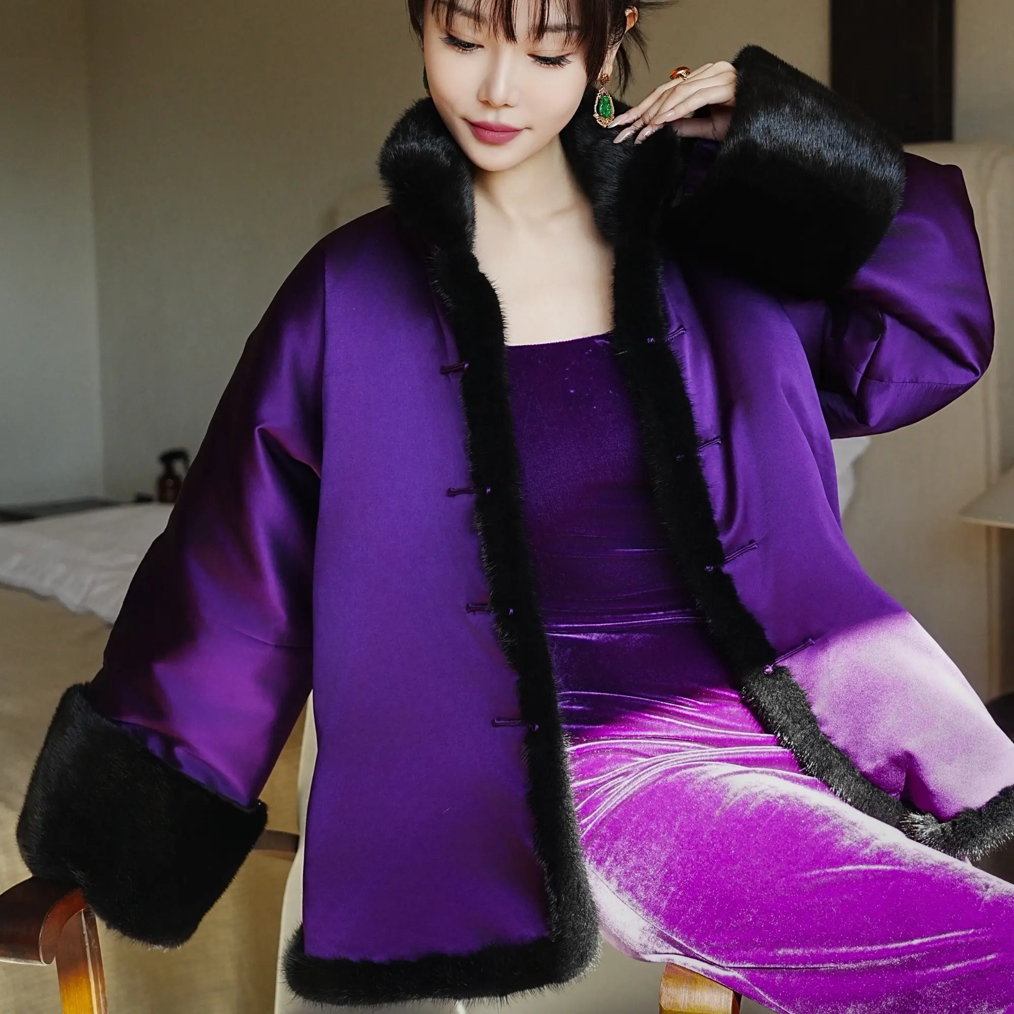 紫色真丝对襟平裁复古棉袄