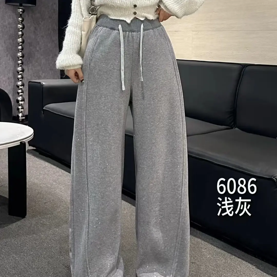 秋冬新款加绒加厚高腰显瘦星空弯刀裤女时尚百搭直筒阔腿休闲裤