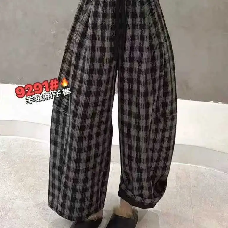冬季羊绒格子弯刀裤高腰抽绳复古格子阔腿休闲裤显瘦百搭