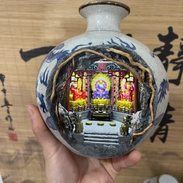 汝瓷仿古花瓶三清微景观创意摆件适用于玄关书房桌面