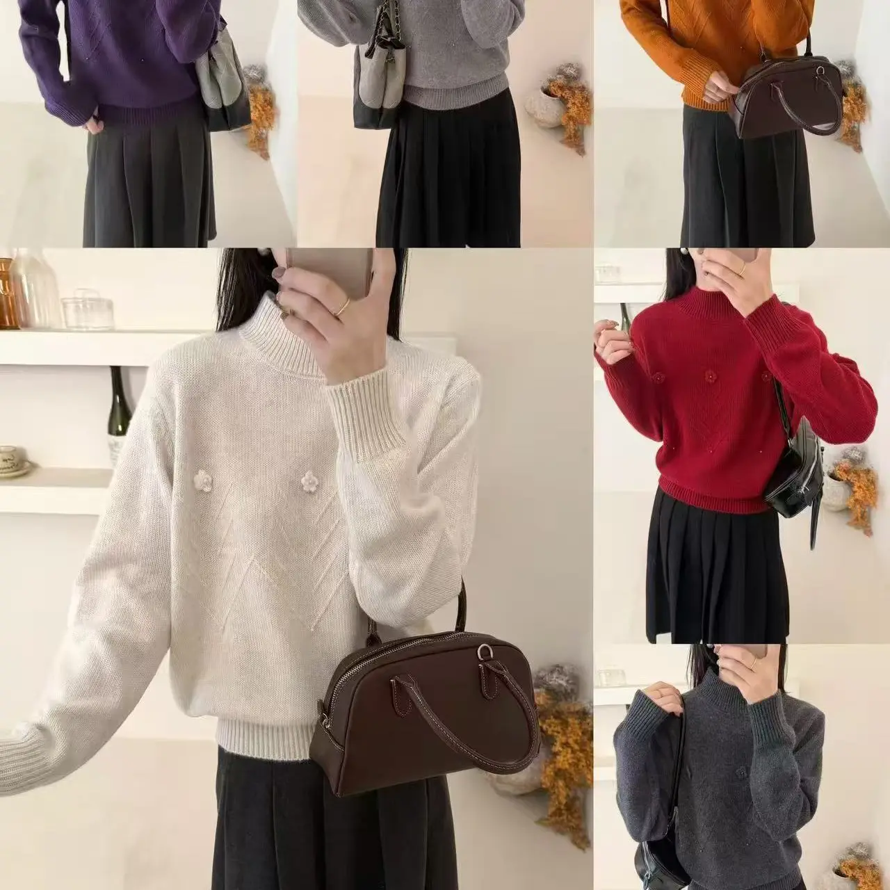 竖条纹立体花半高领上衣女