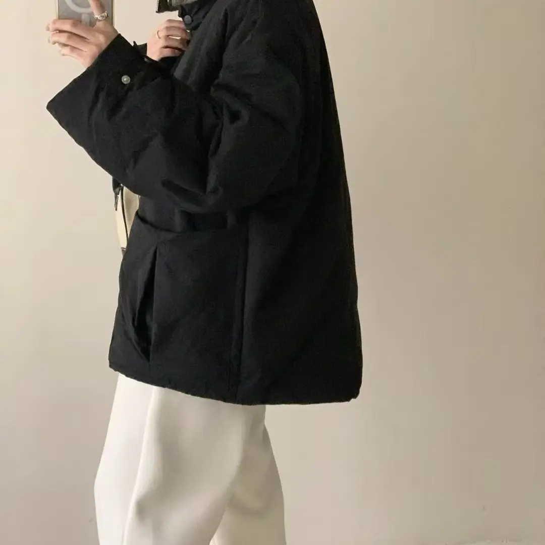 冬季圆领袖口卷边宽松中长款白鸭绒休闲文艺面包服外套