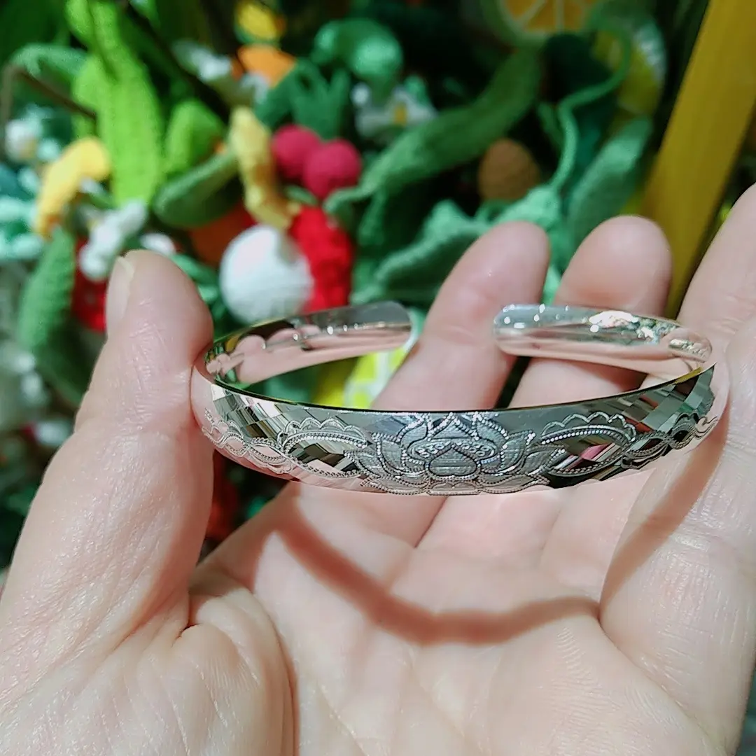 足银手镯  复古莲花手镯