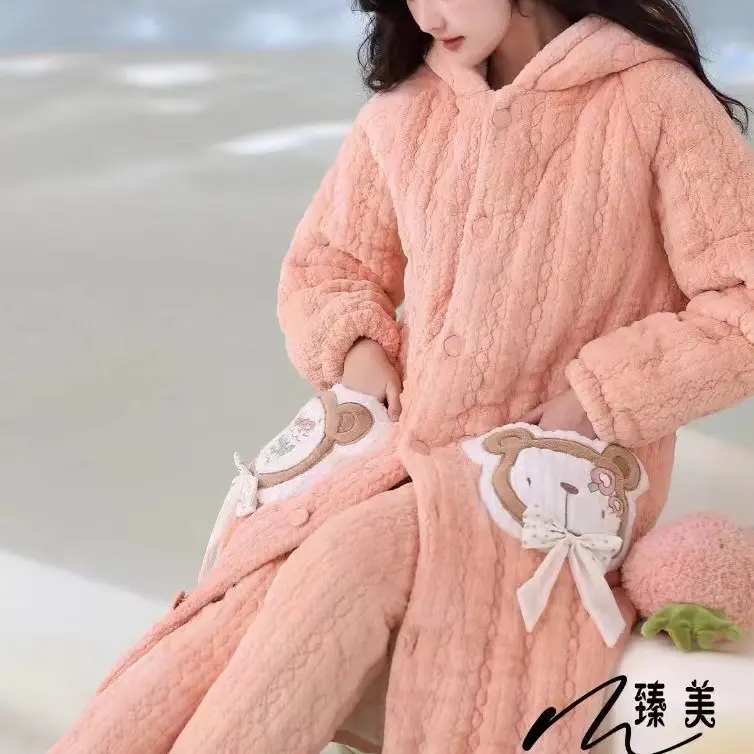 2901冬季三层夹棉加厚女士时尚连帽卡通可爱家居服套装
