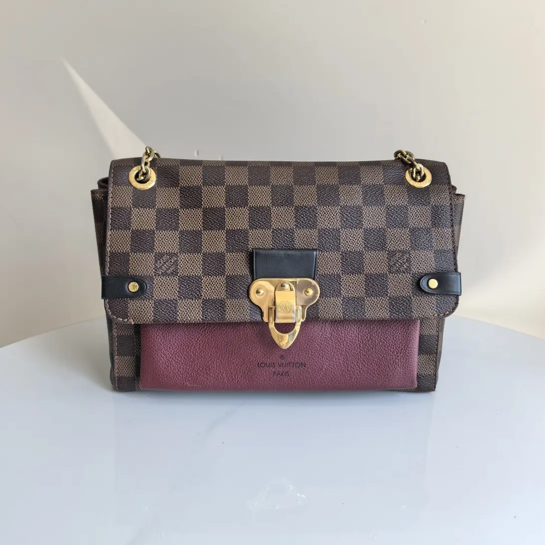 95新 LouisVuitton/路易威登 95新黑拼棕棋盘中号链条单肩包