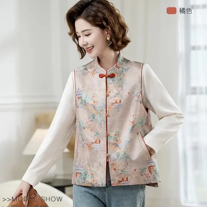 刺绣立领薄款中国风马夹马甲气质秋季提花时尚女士复古中年大码