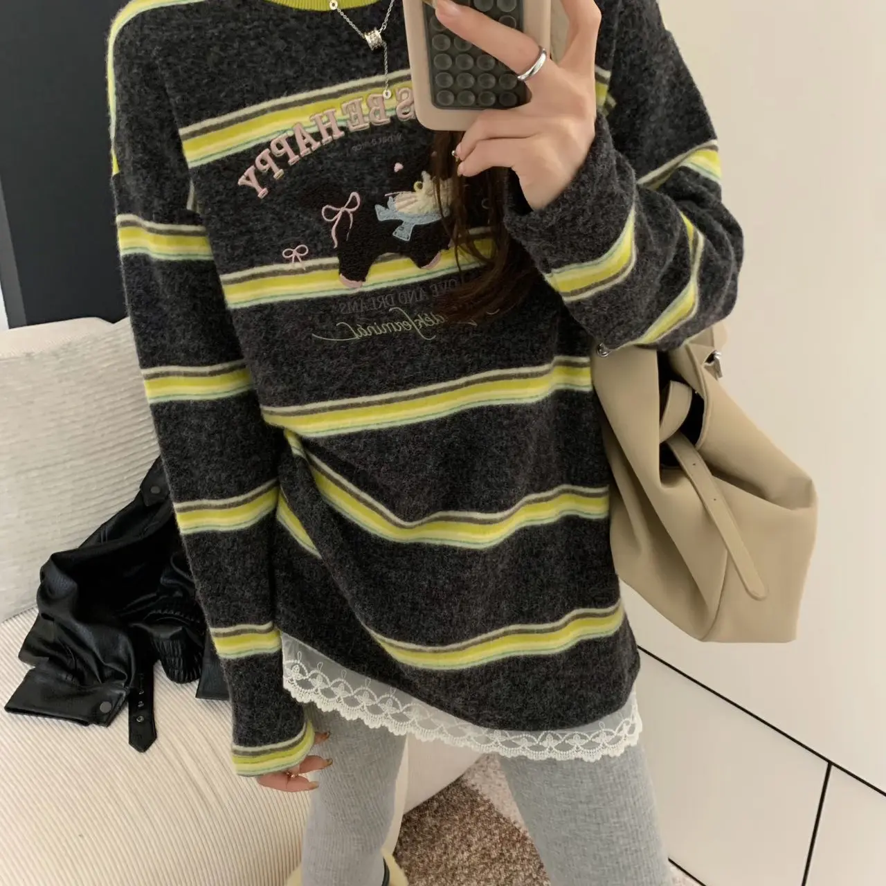 韩系条纹长袖t恤女2025新款春秋慵懒复古减龄设计感磨毛加厚上衣