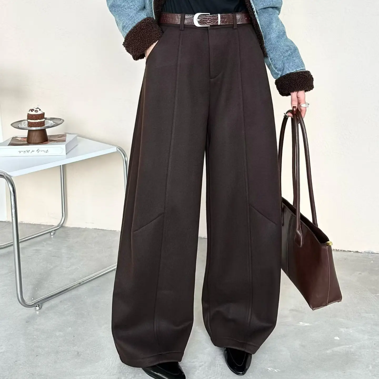 《木兮木》冬季新款加绒加厚毛呢弯刀裤中腰宽松显瘦慵懒风休闲裤