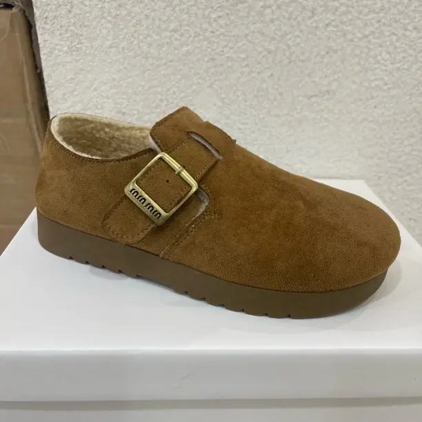 复古圆头厚底勃肯鞋女秋冬加绒保暖一脚蹬懒人毛毛鞋外穿