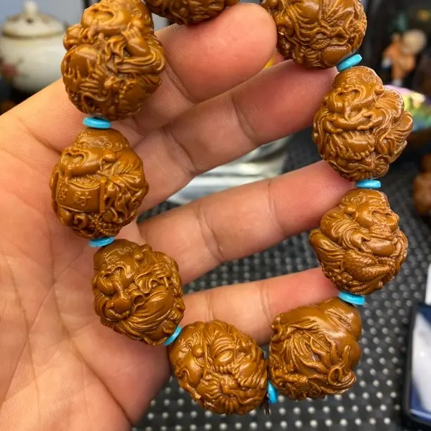 2.25高货九龙财神雕刻手串雕刻手串沉水核不是橄榄核黄金树沉水核