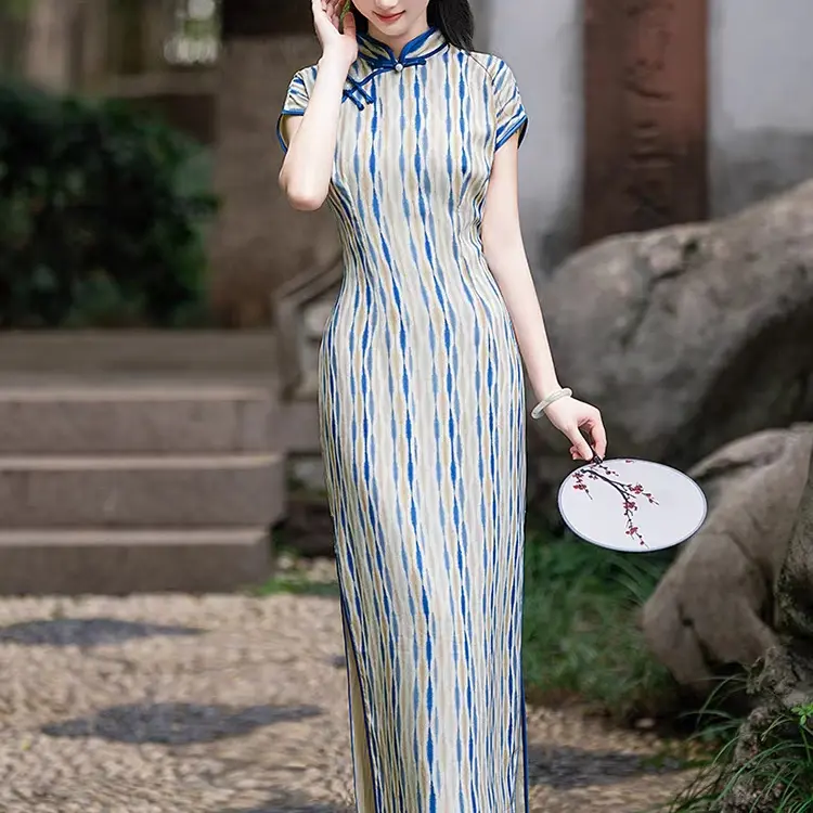 【浅枝】夏季新款复古修身显瘦气质日常长款条纹改良旗袍连衣裙