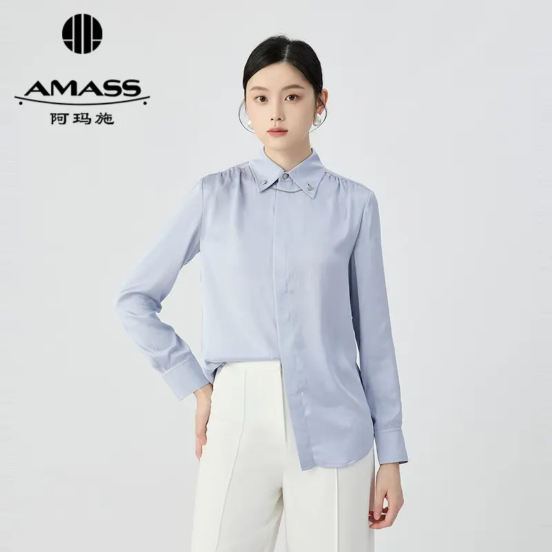 阿玛施AMASS色丁长袖单排扣衬衫轻职场简约衬衣附色丁古巴领衬衣