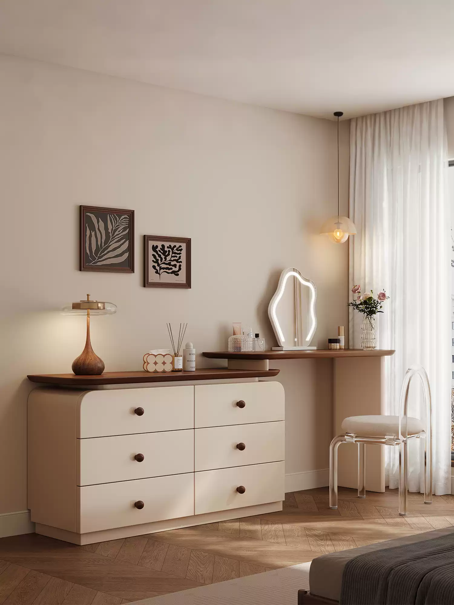 中古风梳妆台斗柜一体复古化妆桌现代卧室简约收纳储物实木床尾柜