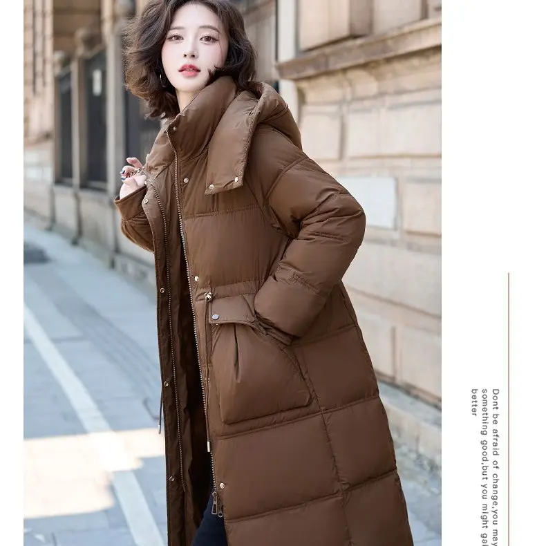 冬季豆沙长款女装加厚带帽棉服休闲款