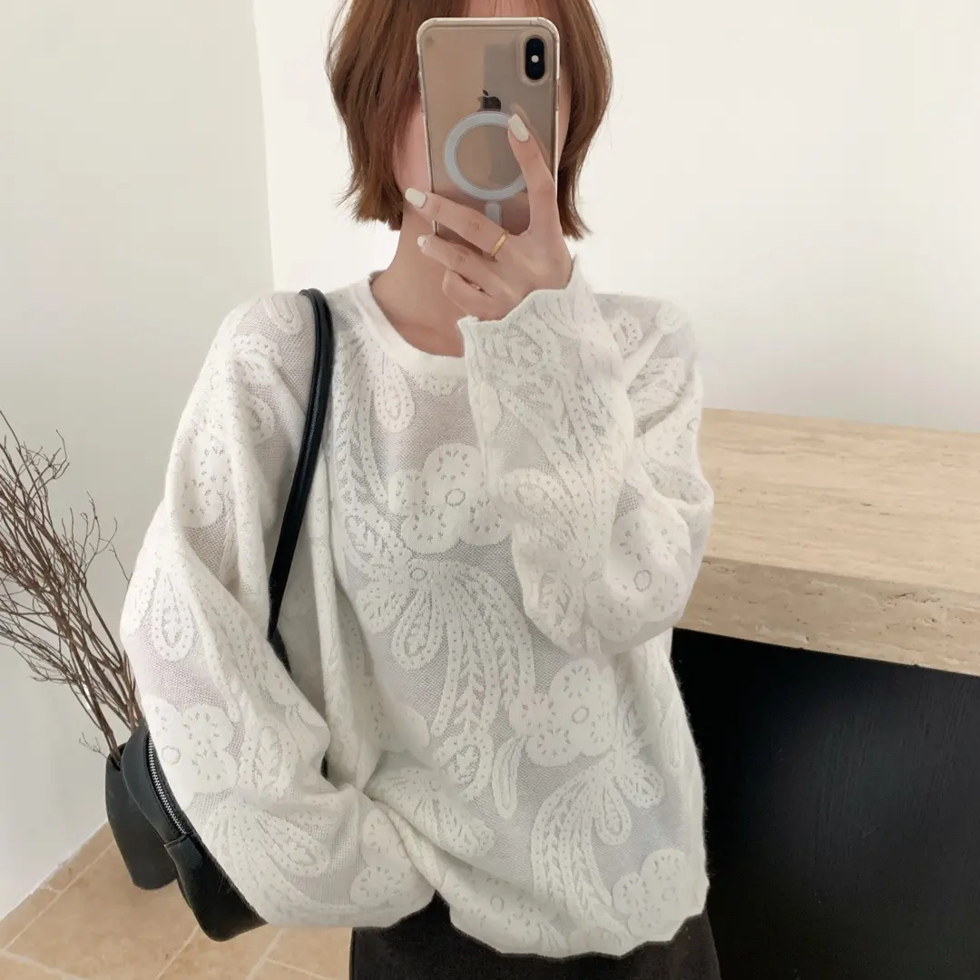 休闲风圆领针织立体套头大码秋冬白色打底衫