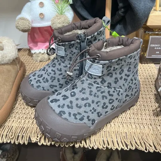 豹纹印花雪地靴女童冬季加绒保暖防滑防水侧拉链短筒棉靴